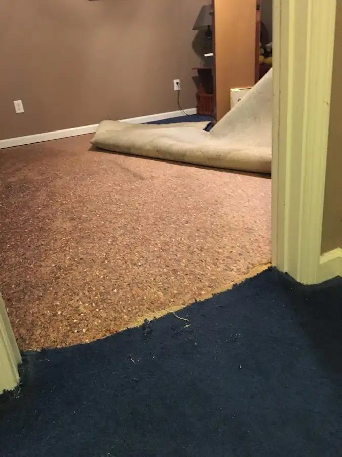 Carpet pad removal revealing water damage during Water Mitigation Services in Grandview